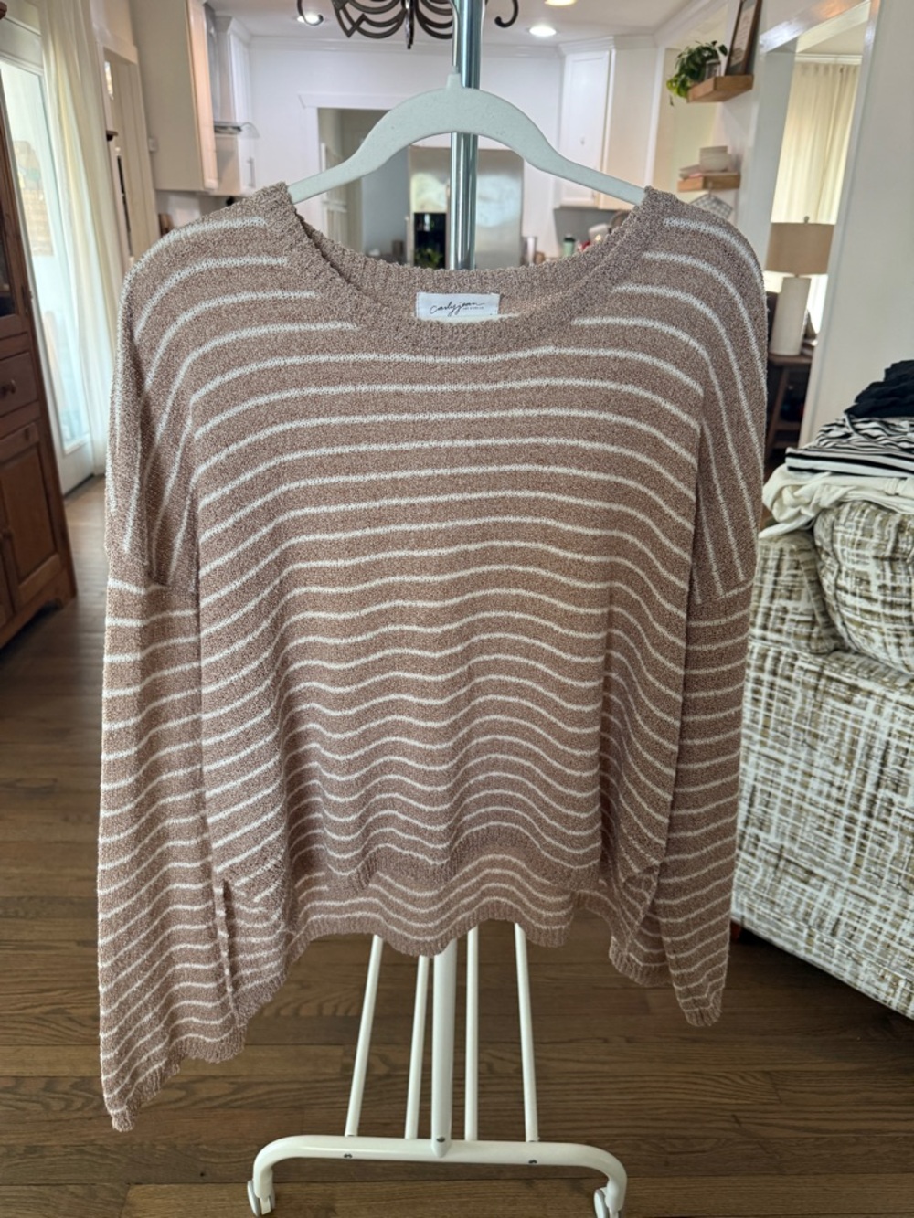 Carly Jean Los Angeles Taupe & White Striped Scoop Neck Sweater